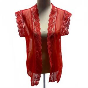 Vintage 1950's Red Lace Semi Sheer Bed Jacket Coverup